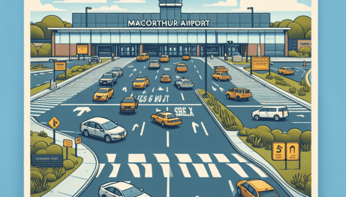Illustrated airport drop-off traffic at MacArthur Airport entrance