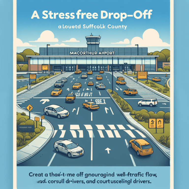 Illustrated airport drop-off traffic at MacArthur Airport entrance