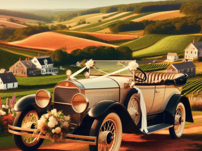 Vintage convertible with flowers in countryside landscape