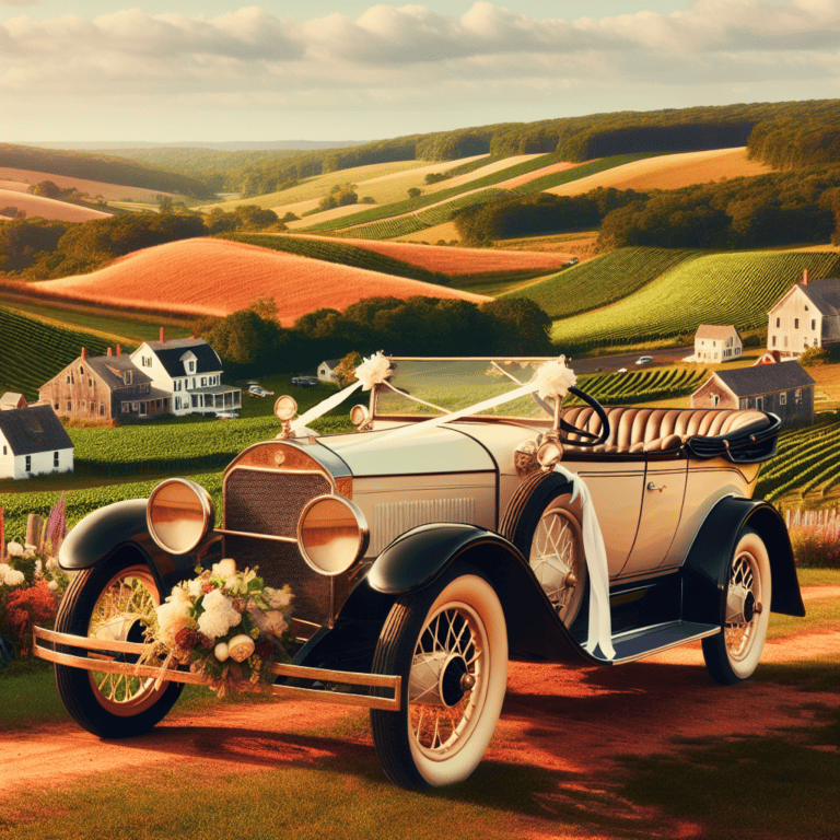 Vintage convertible with flowers in countryside landscape