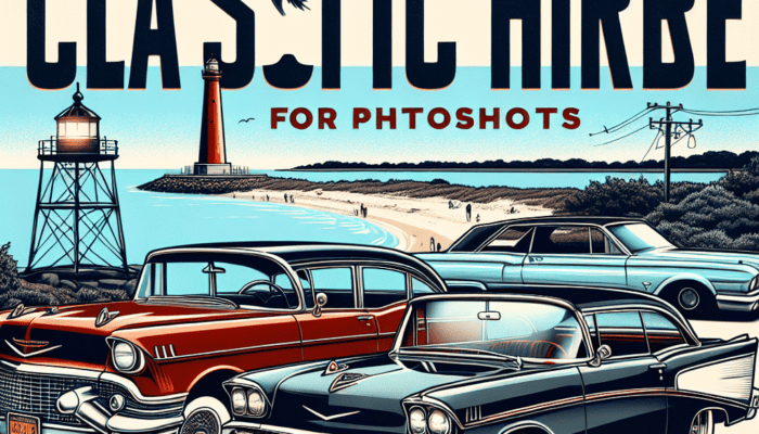 Vintage classic cars by lighthouse on beach poster