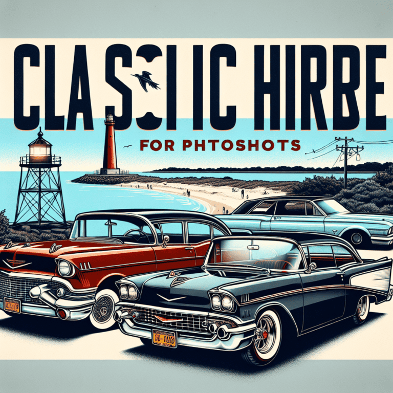 Vintage classic cars by lighthouse on beach poster