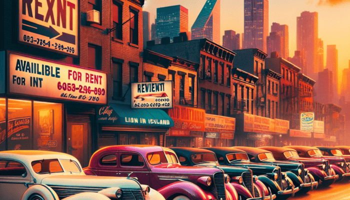 Vintage cars lined up at sunset city street