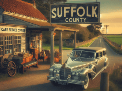 Vintage car by Suffolk County roadside service station