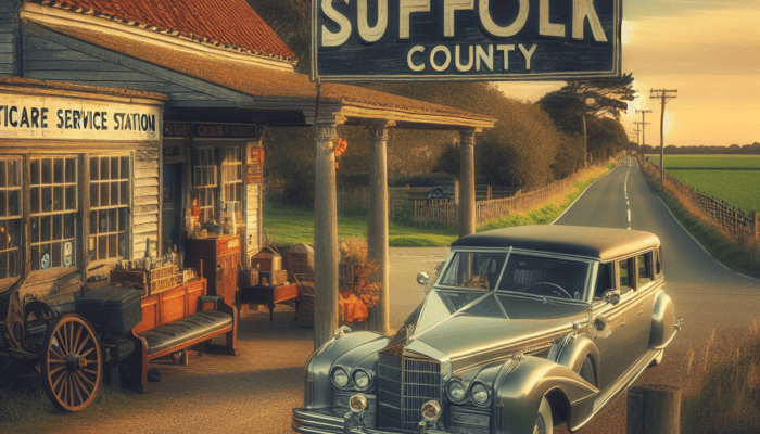 Vintage car by Suffolk County roadside service station