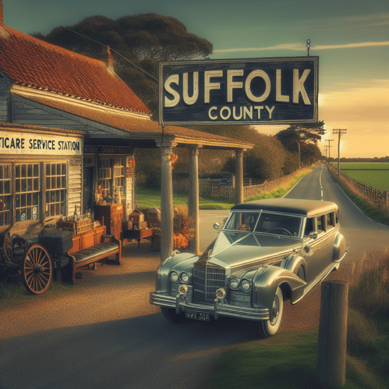 Vintage car by Suffolk County roadside service station