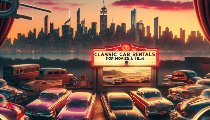 Vintage cars at drive-in with city skyline sunset