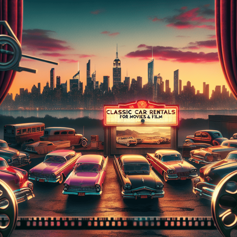 Vintage cars at drive-in with city skyline sunset