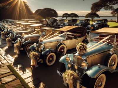 Vintage wedding cars lined up at sunset waterfront