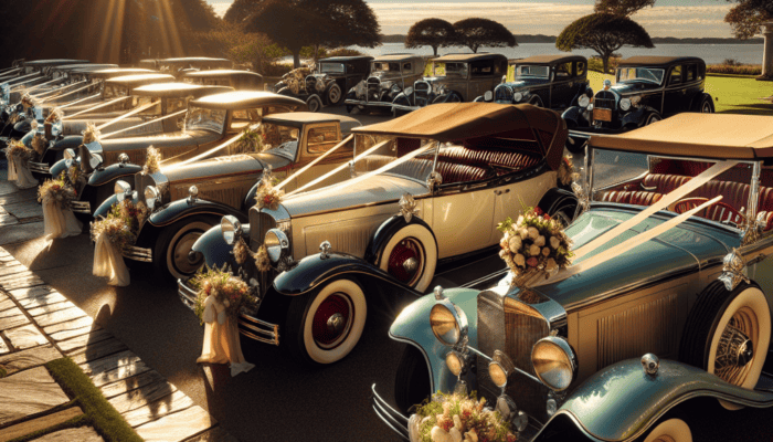 Vintage wedding cars lined up at sunset waterfront
