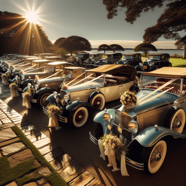Vintage wedding cars lined up at sunset waterfront