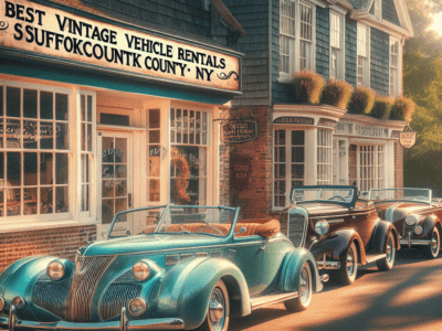Vintage convertibles parked outside Suffolk County rental shop