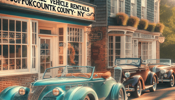 Vintage convertibles parked outside Suffolk County rental shop