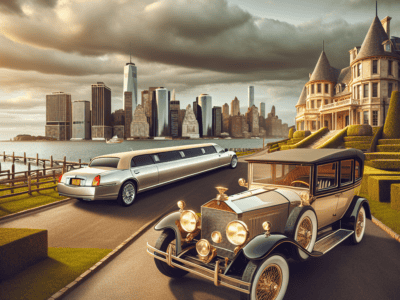 Vintage car and limousine by waterfront mansion skyline