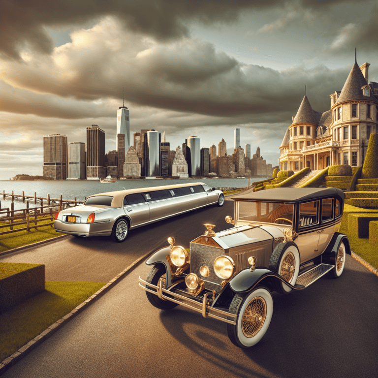 Vintage car and limousine by waterfront mansion skyline