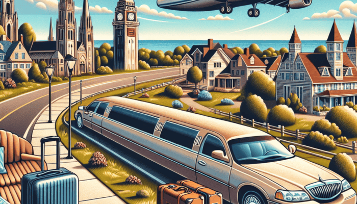 Airplane flying over town with limousine and luggage