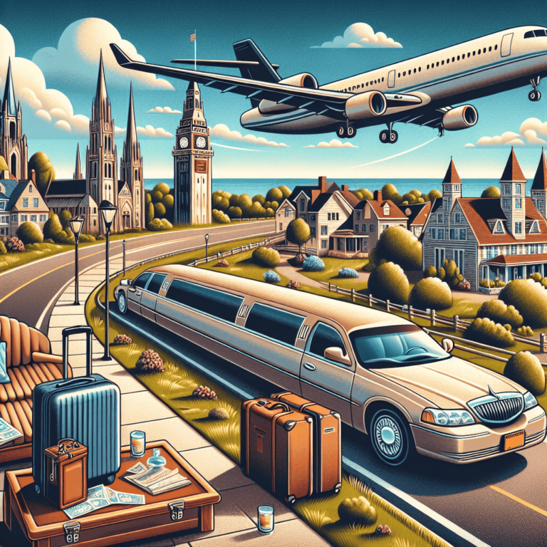 Airplane flying over town with limousine and luggage