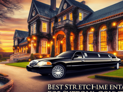 Black stretch limousine outside illuminated mansion at sunset