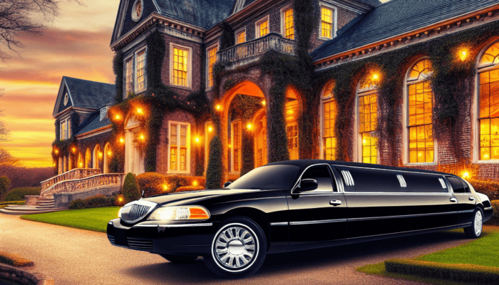 Black stretch limousine outside illuminated mansion at sunset