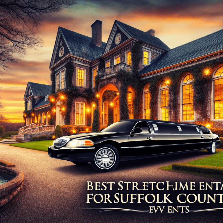 Black stretch limousine outside illuminated mansion at sunset
