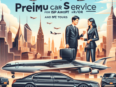 Premium car service ad with NYC skyline and planes