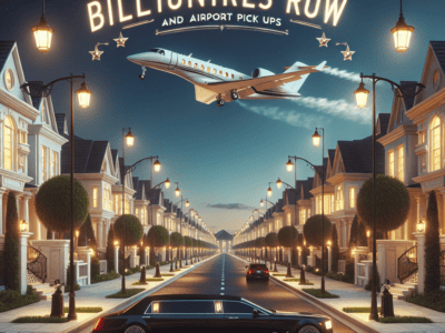 Luxury mansions street with limousine and private jet