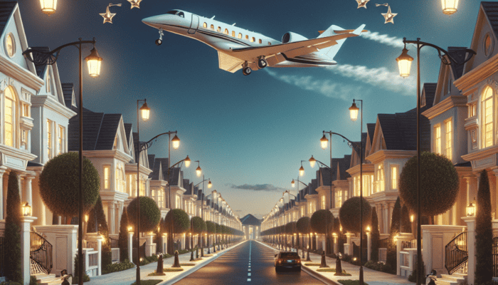 Luxury mansions street with limousine and private jet