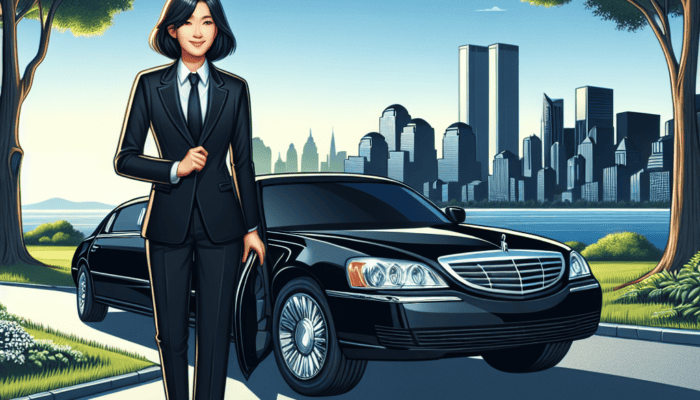 Businesswoman by luxury sedan with city skyline and airplane