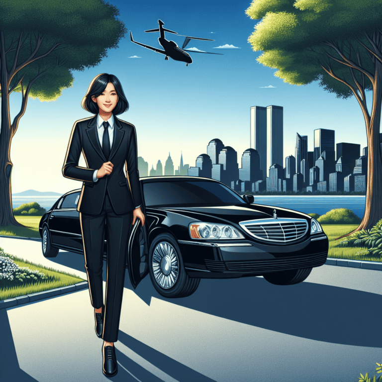 Businesswoman by luxury sedan with city skyline and airplane