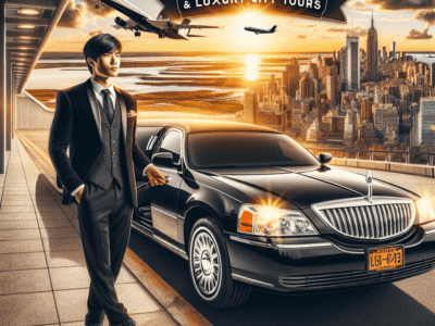 Chauffeur beside luxury sedan at airport skyline