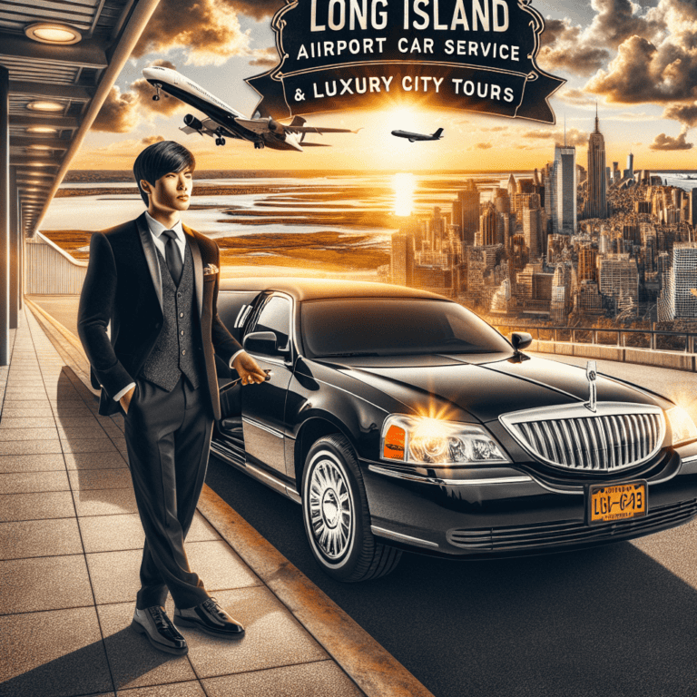Chauffeur beside luxury sedan at airport skyline