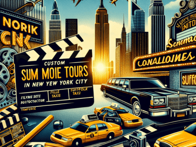 New York City skyline with film and taxi theme