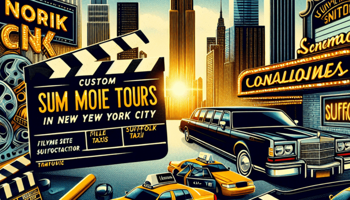 New York City skyline with film and taxi theme