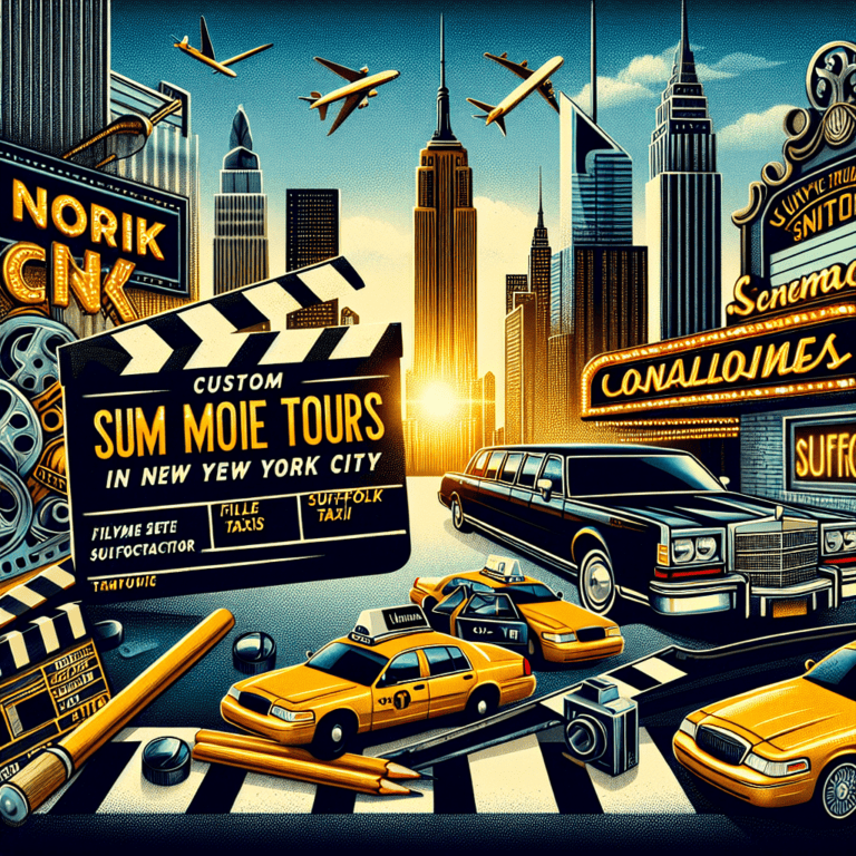 New York City skyline with film and taxi theme