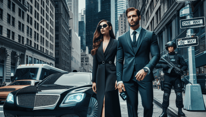 Stylish couple walking downtown beside luxury car and guard