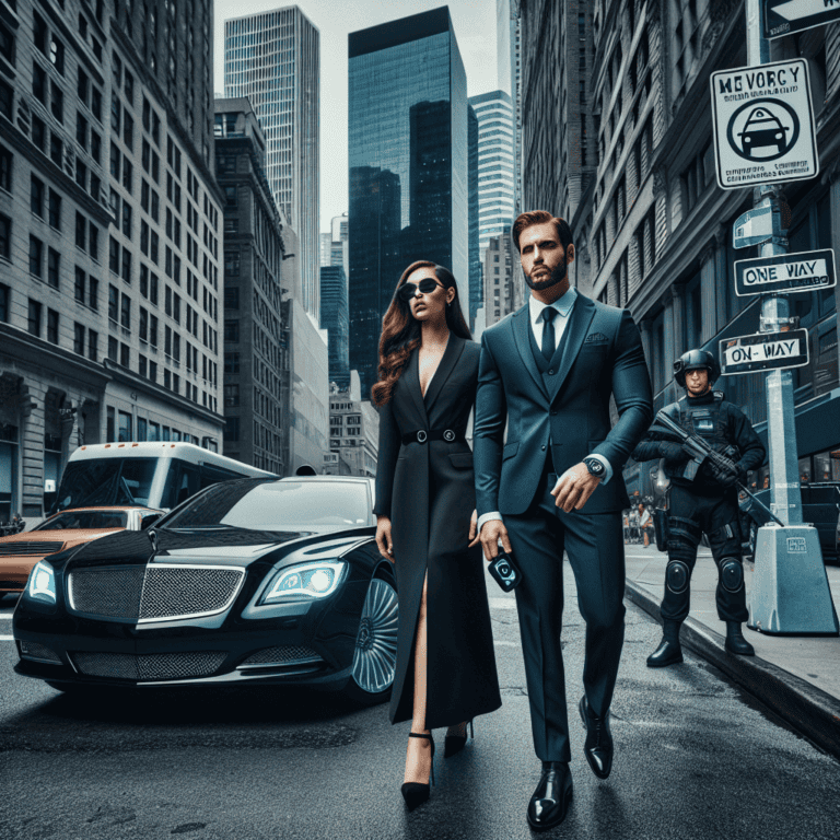 Stylish couple walking downtown beside luxury car and guard