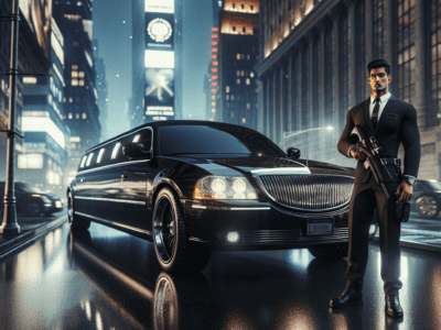 Armed bodyguard beside black limousine at night city.