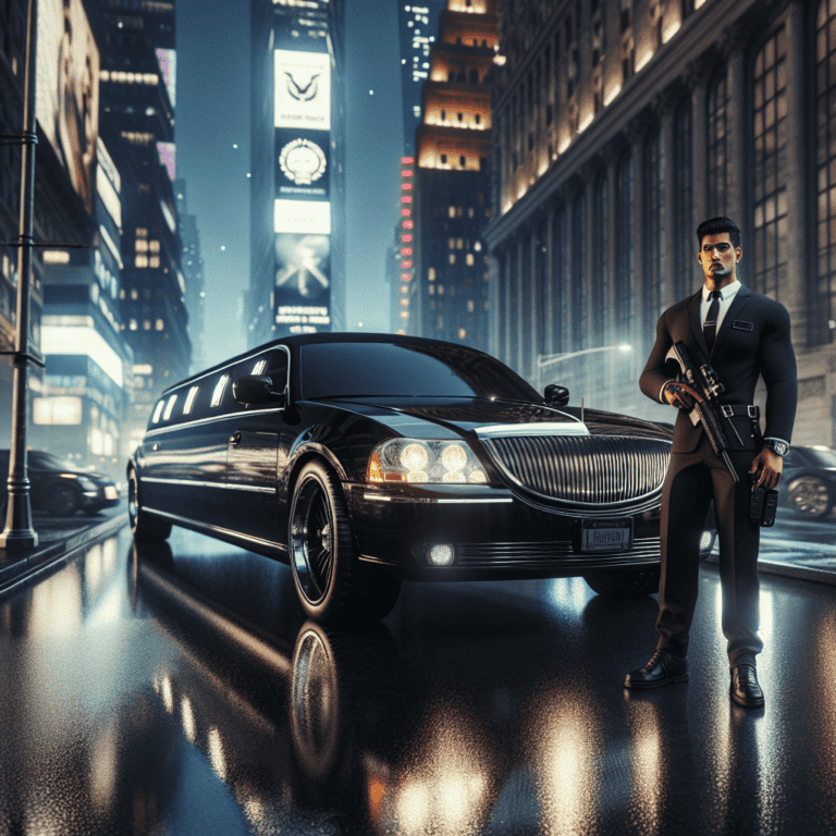 Armed bodyguard beside black limousine at night city.
