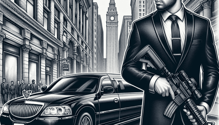 Suited man holding rifle beside black limousine.