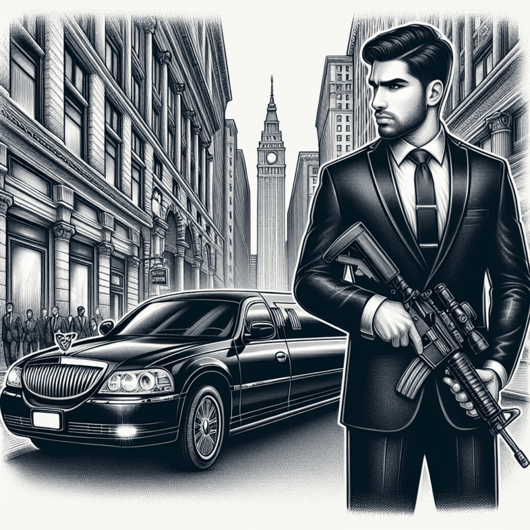 Suited man holding rifle beside black limousine.