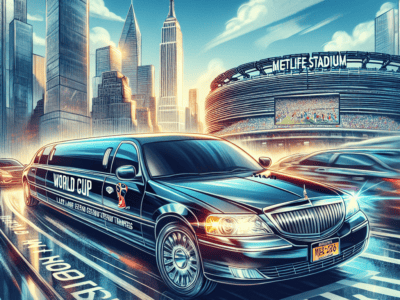 World Cup limousine driving near MetLife Stadium NYC skyline