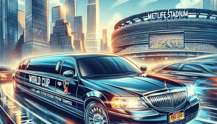World Cup limousine driving near MetLife Stadium NYC skyline