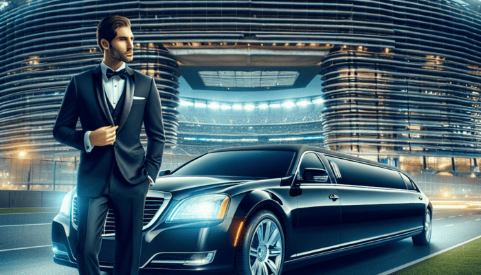 Man in tuxedo beside limousine at MetLife Stadium