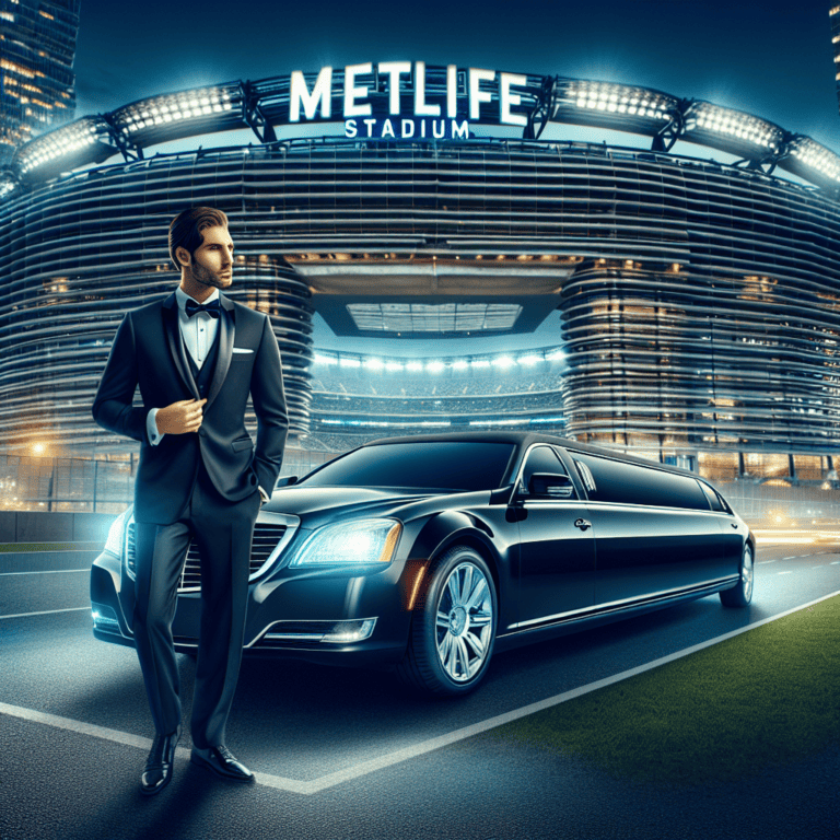 Man in tuxedo beside limousine at MetLife Stadium