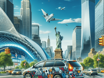Decorated 2026 World Cup car in NYC skyline