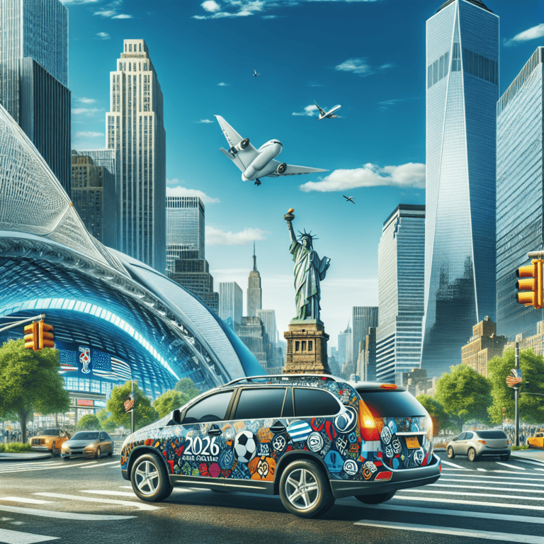 Decorated 2026 World Cup car in NYC skyline