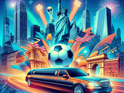 New York skyline with Statue of Liberty and soccer