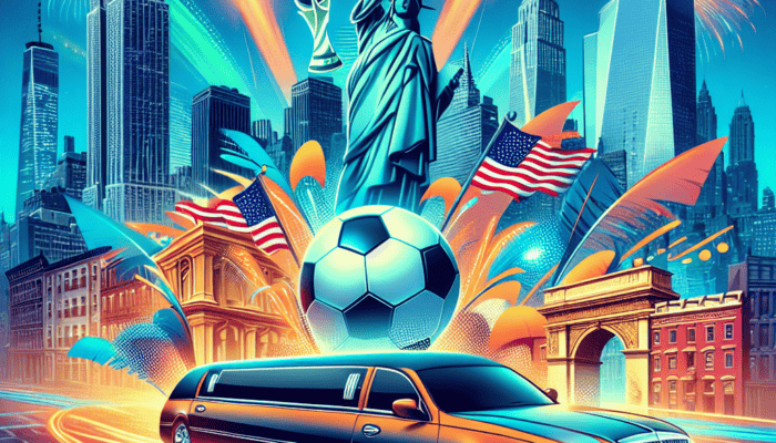 New York skyline with Statue of Liberty and soccer