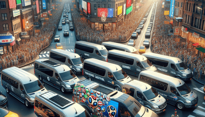 Vans blocking crowded city intersection with skyscrapers and billboards