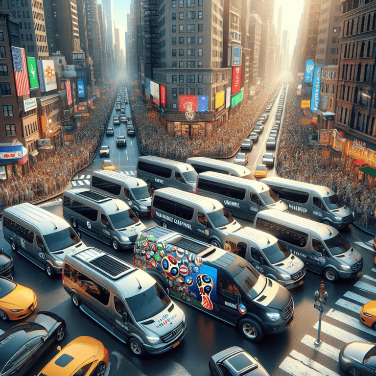 Vans blocking crowded city intersection with skyscrapers and billboards